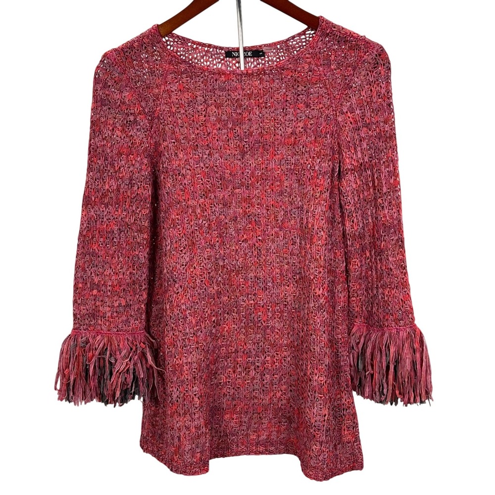 NIC+ZOE Macrame‎ Sweater Top Multi Color Fringe Bell Sleeve Top Size S